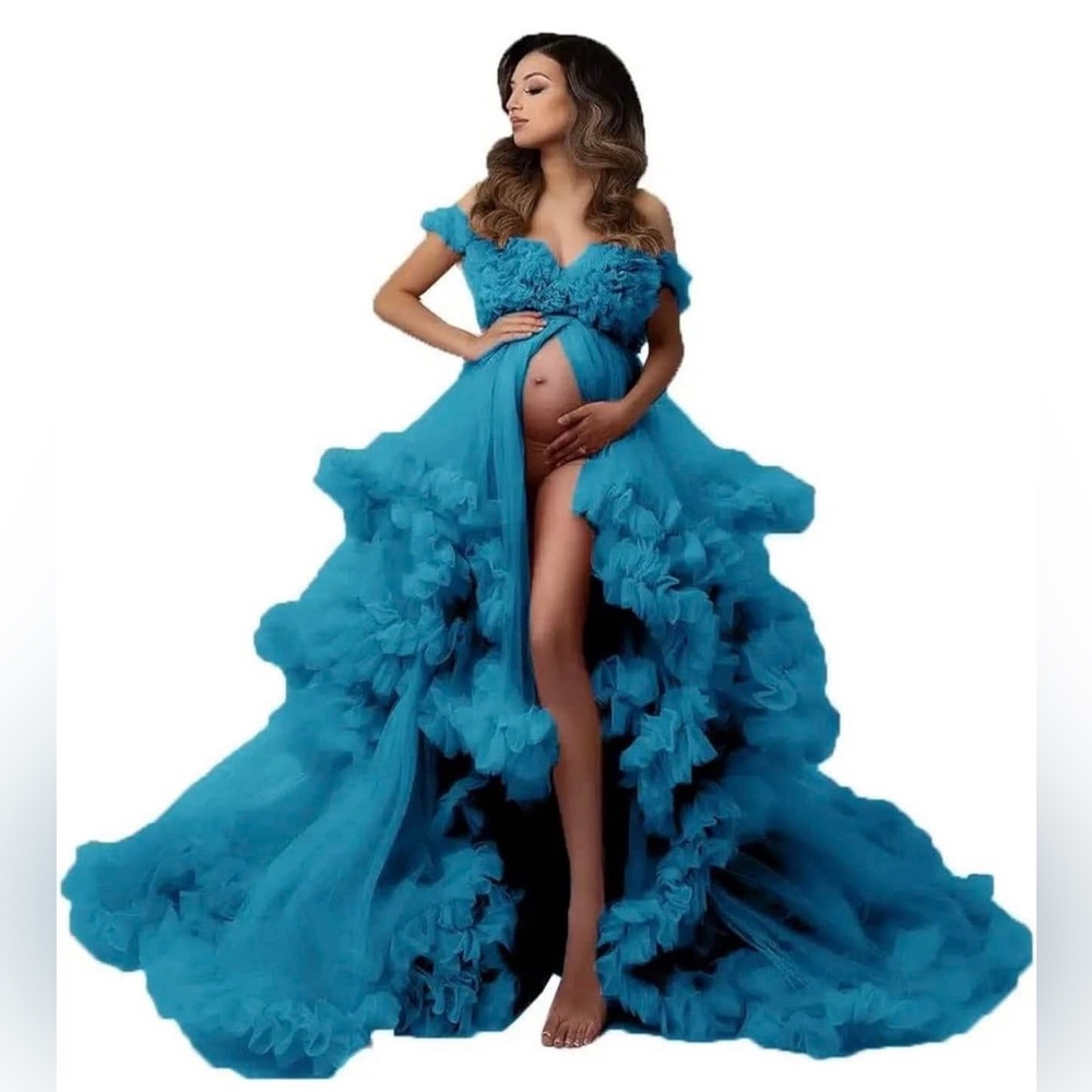 Elegant Blue Off-Shoulder Maternity Dress